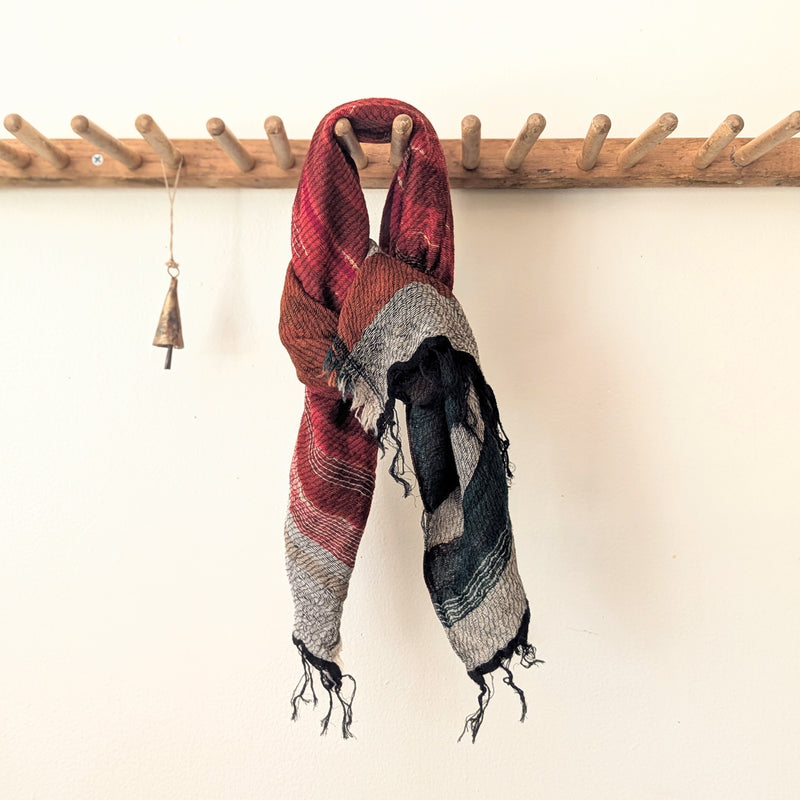 Japanese Extra Soft Woven Wool Cotton Scarf - Small - Crimson, Orange, and Forest Green