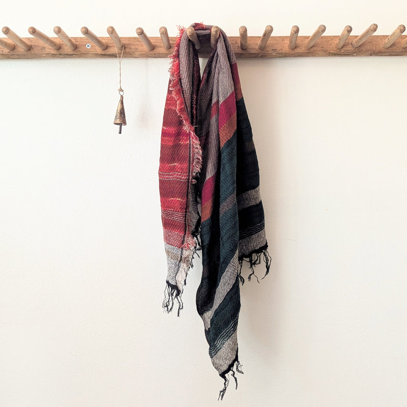 Japanese Extra Soft Woven Wool Cotton Scarf - Small - Crimson, Orange, and Forest Green