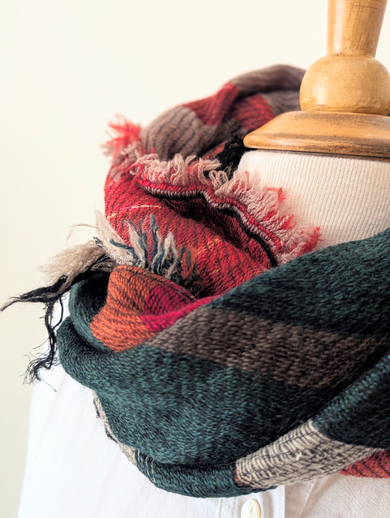 Japanese Extra Soft Woven Wool Cotton Scarf - Small - Crimson, Orange, and Forest Green