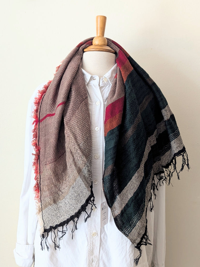 Japanese Extra Soft Woven Wool Cotton Scarf - Small - Crimson, Orange, and Forest Green