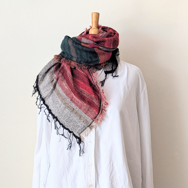 Japanese Extra Soft Woven Wool Cotton Scarf - Small - Crimson, Orange, and Forest Green