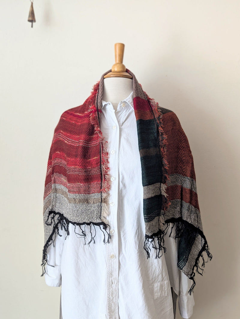 Japanese Extra Soft Woven Wool Cotton Scarf - Small - Crimson, Orange, and Forest Green