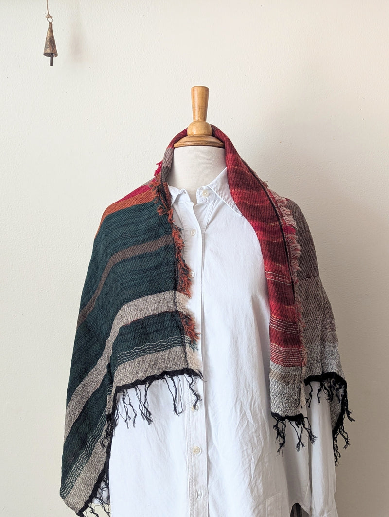 Japanese Extra Soft Woven Wool Cotton Scarf - Small - Crimson, Orange, and Forest Green