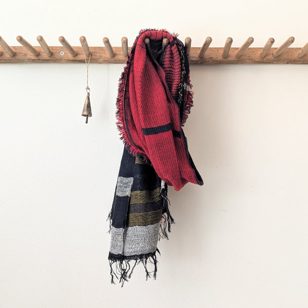 Japanese Extra Soft Woven Wool Cotton Scarf - Medium - Red, Green, Navy and Gray