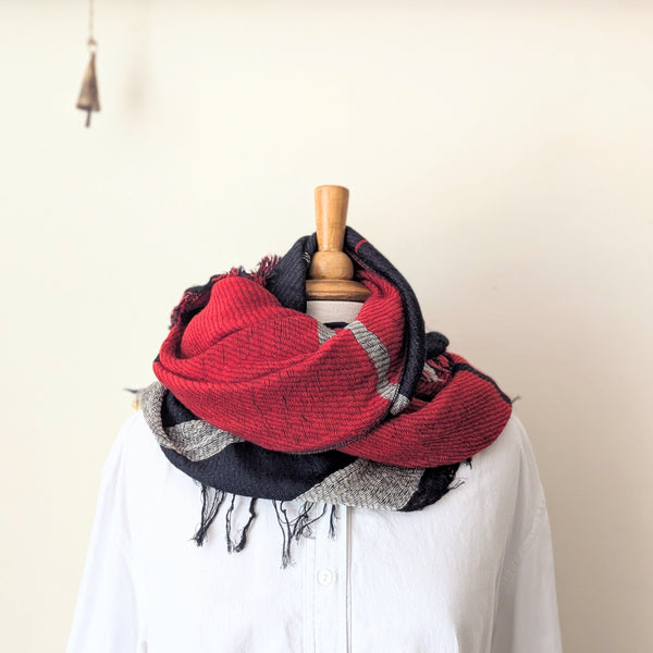 Japanese Extra Soft Woven Wool Cotton Scarf - Medium - Red, Green, Navy and Gray