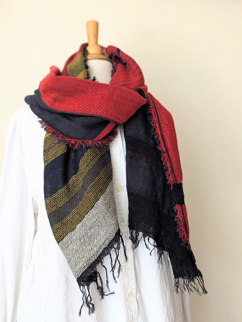 Japanese Extra Soft Woven Wool Cotton Scarf - Medium - Red, Green, Navy and Gray