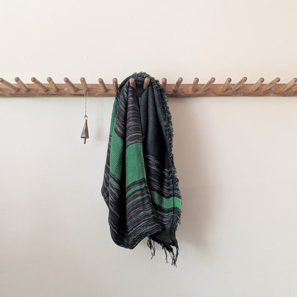 Japanese Extra Soft Woven Wool Cotton Scarf - Medium - Bright Green, Dark Green, and Olive