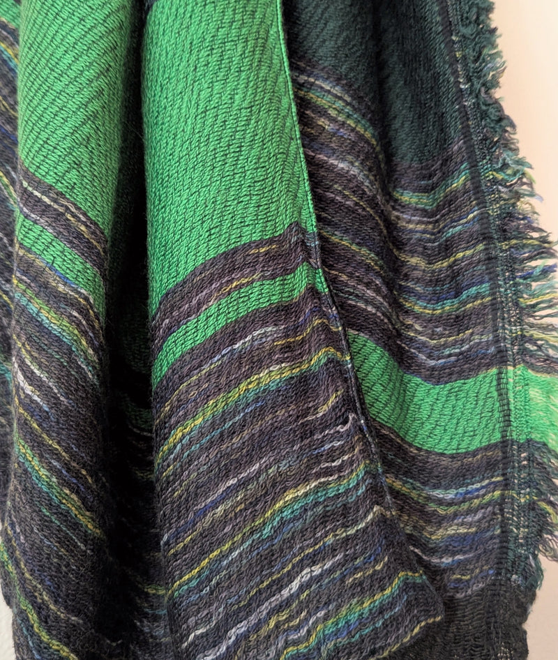 Japanese Extra Soft Woven Wool Cotton Scarf - Medium - Bright Green, Dark Green, and Olive