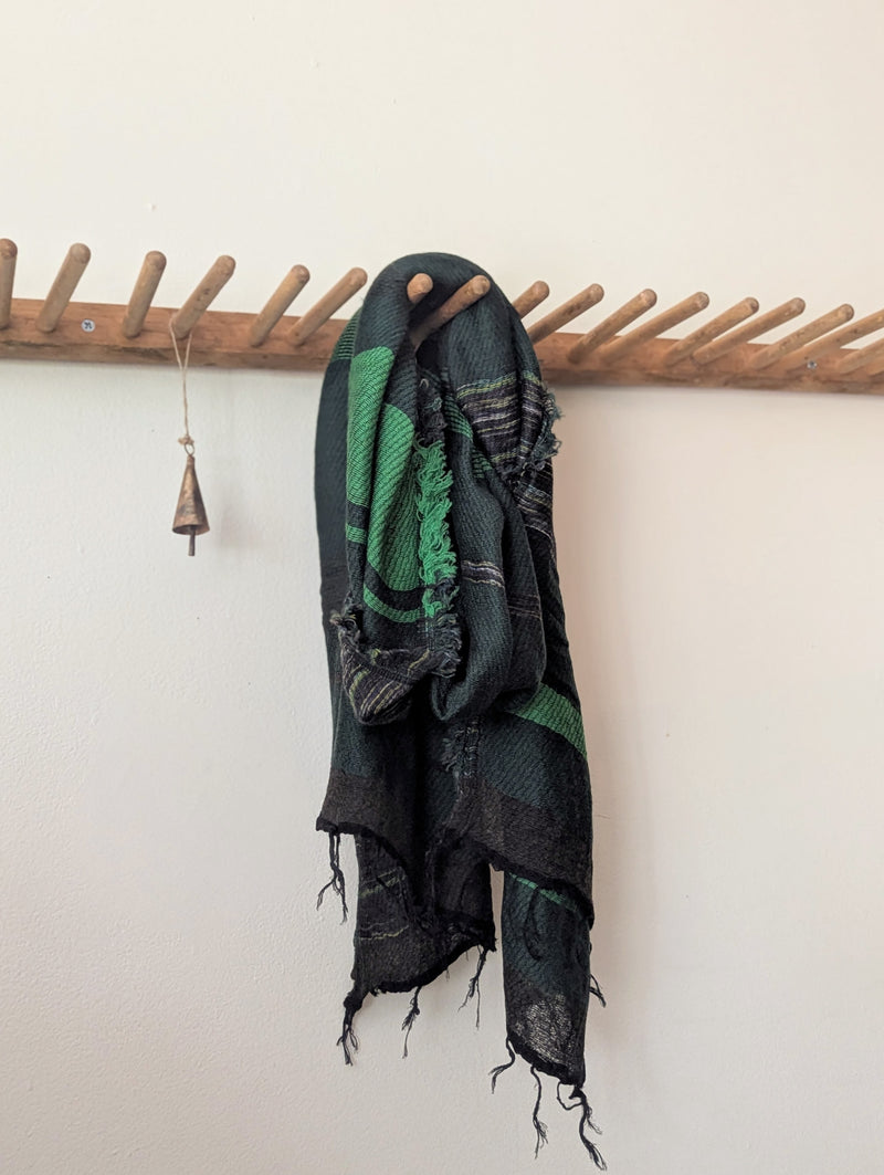 Japanese Extra Soft Woven Wool Cotton Scarf - Medium - Bright Green, Dark Green, and Olive
