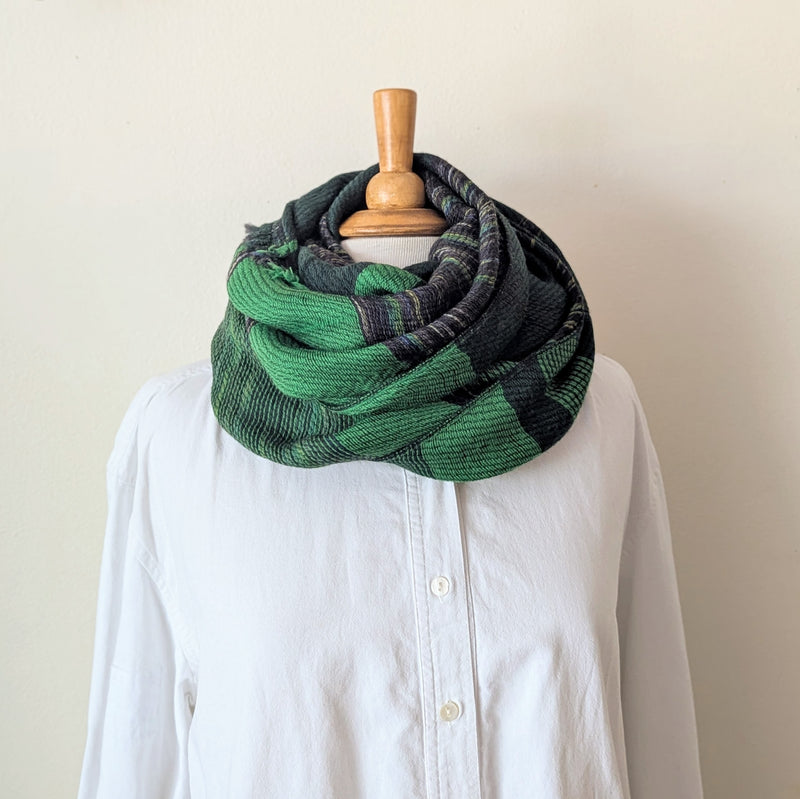 Japanese Extra Soft Woven Wool Cotton Scarf - Medium - Bright Green, Dark Green, and Olive