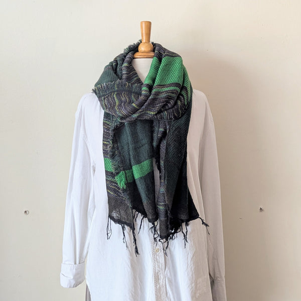 Japanese Extra Soft Woven Wool Cotton Scarf - Medium - Bright Green, Dark Green, and Olive