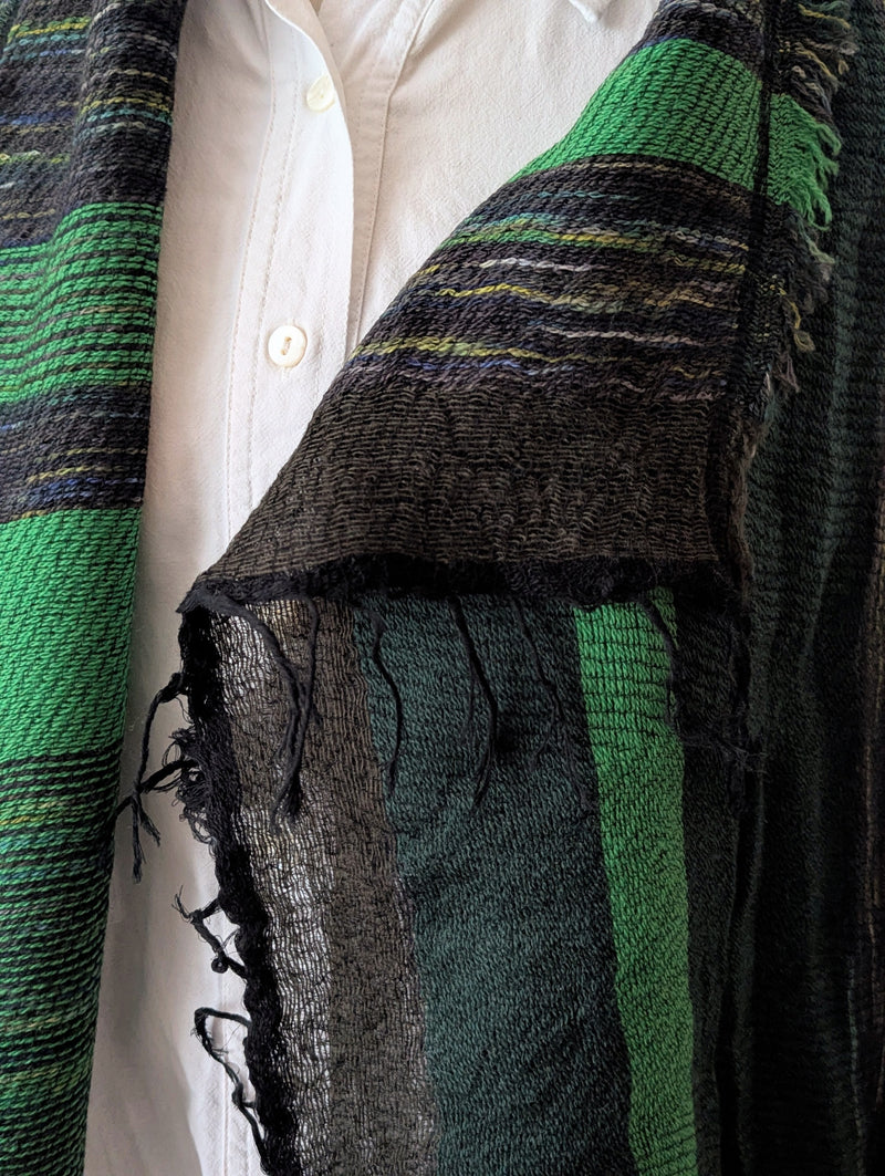 Japanese Extra Soft Woven Wool Cotton Scarf - Medium - Bright Green, Dark Green, and Olive