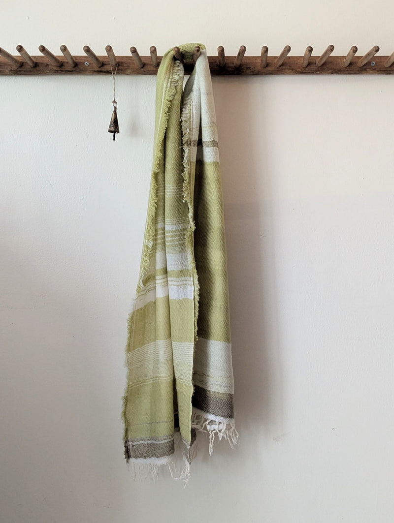 Pale green and beige striped scarf hanging on a wooden rack against a white wall.