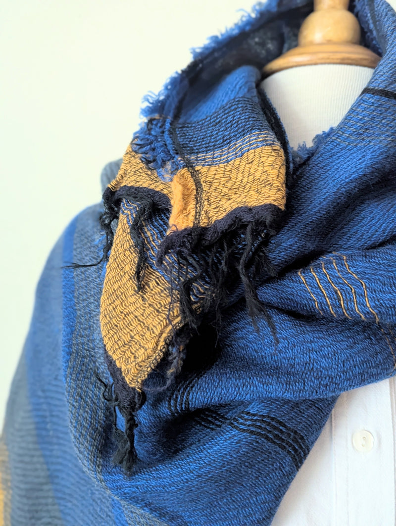 Japanese Extra Soft Woven Wool Cotton Scarf - Small - Royal Blue, Gold, and Stone