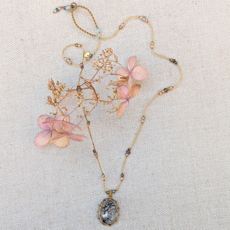 Tibetan macrame necklace Rutile quartz crystal stone jewelry shop boston sowa gift store 