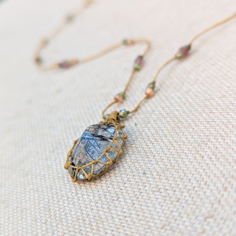 Tibetan macrame necklace Rutile quartz crystal stone jewelry shop boston sowa gift store 
