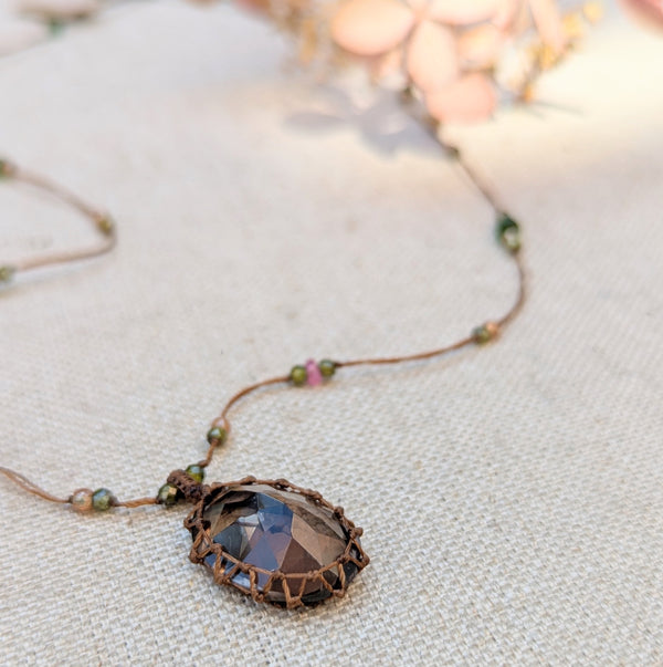 Tibetan macrame necklace smoky quartz crystal stone jewelry shop boston sowa gift store 