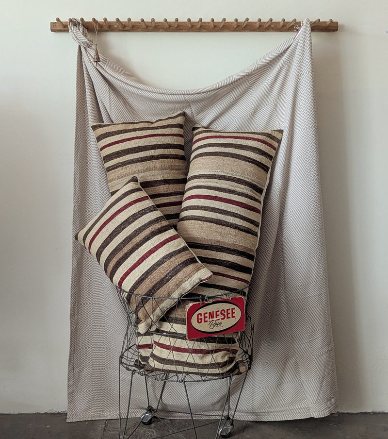 Striped pillows in a wire basket with Genesee beer sign on a white background