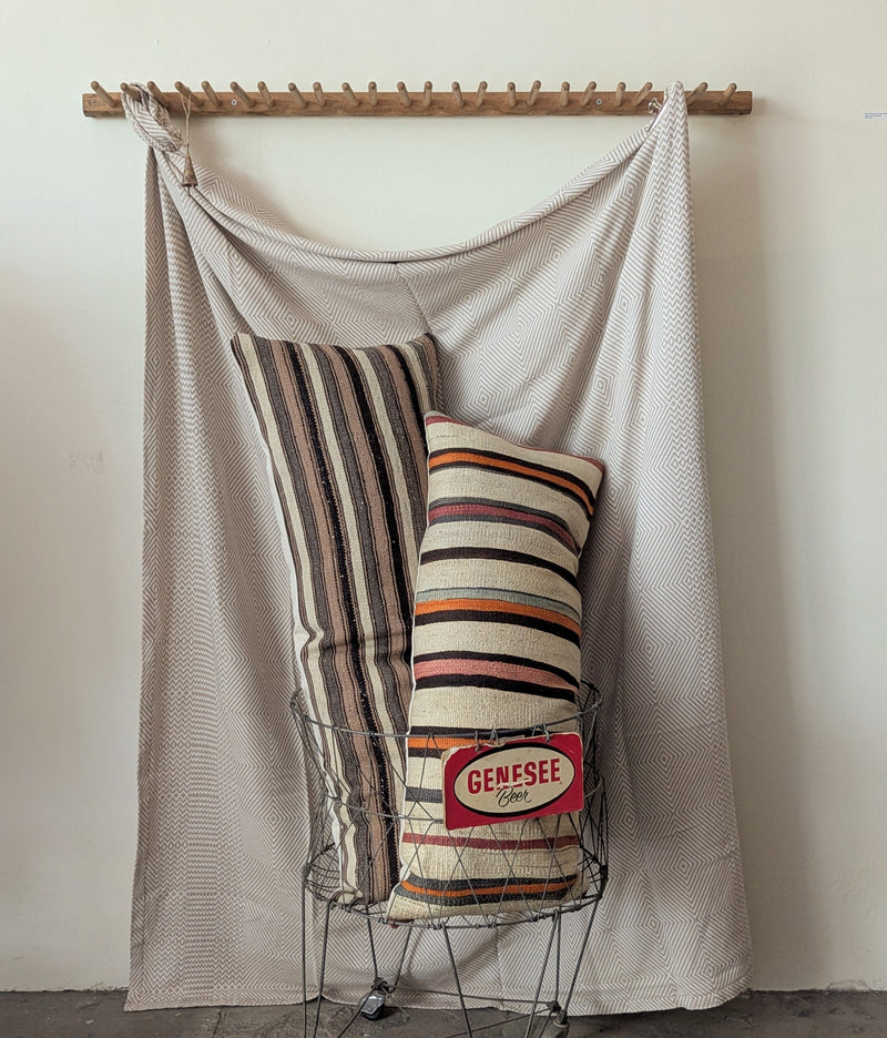Decorative pillows with a 'Genesee' label on a wire basket under a hanging fabric.