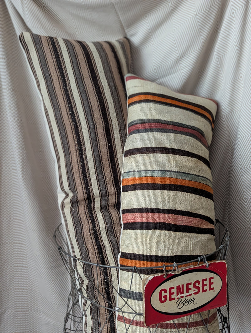 Striped pillows in a wire basket with a Genesee Beer sign on a white background
