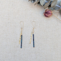 Pair of gold and blue beaded earrings on a textured surface with dried flowers.