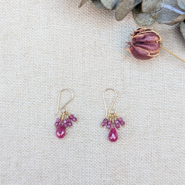 pair of earrngs with ruby beads hanging off on a white textured background and dried flowers to the right