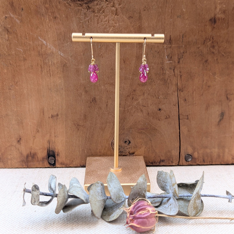 Gold earring stand with pink earrings on a wooden background