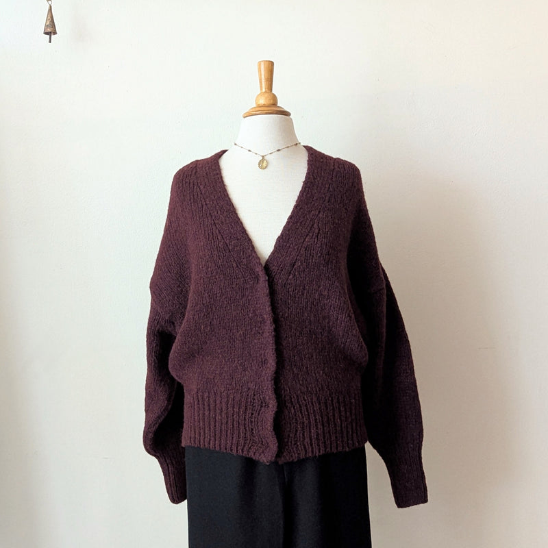 Knit V-Neck Cardigan - Bordeaux