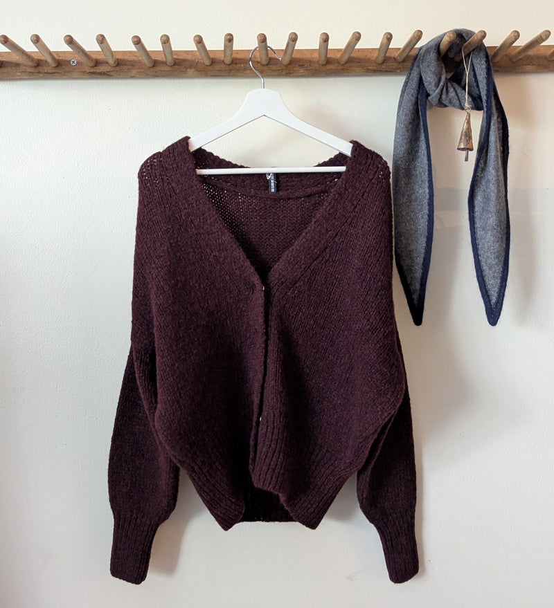 Knit V-Neck Cardigan - Bordeaux