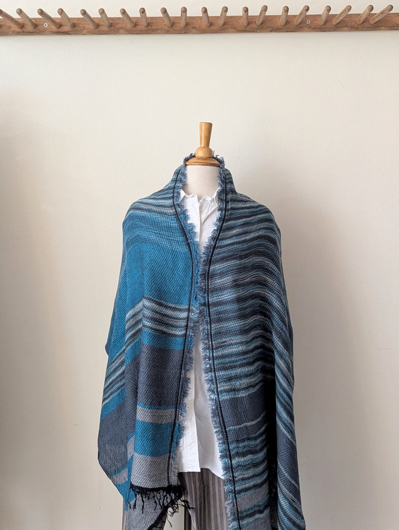 Japanese Extra Soft Woven Wool Cotton Scarf - Medium - Teal, Grey, and Black