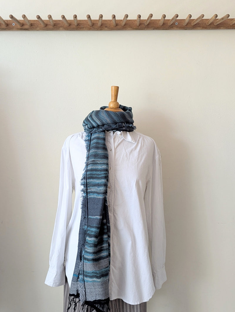 Japanese Extra Soft Woven Wool Cotton Scarf - Medium - Teal, Grey, and Black