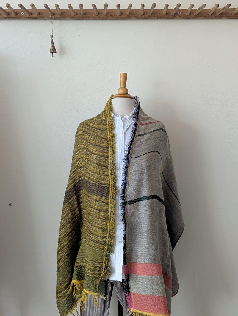 Japanese Extra Soft Woven Wool Cotton Scarf - Medium - Coral, Ochre, Navy, and Green