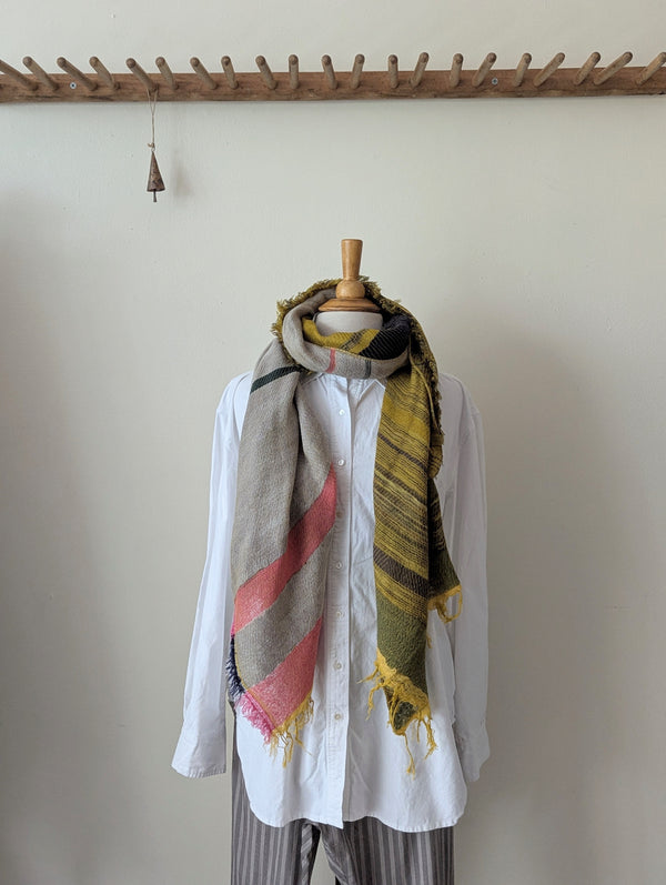 Japanese Extra Soft Woven Wool Cotton Scarf - Medium - Coral, Ochre, Navy, and Green
