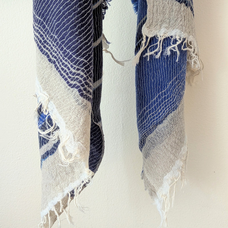 Scarf with blue and white pattern against a white background