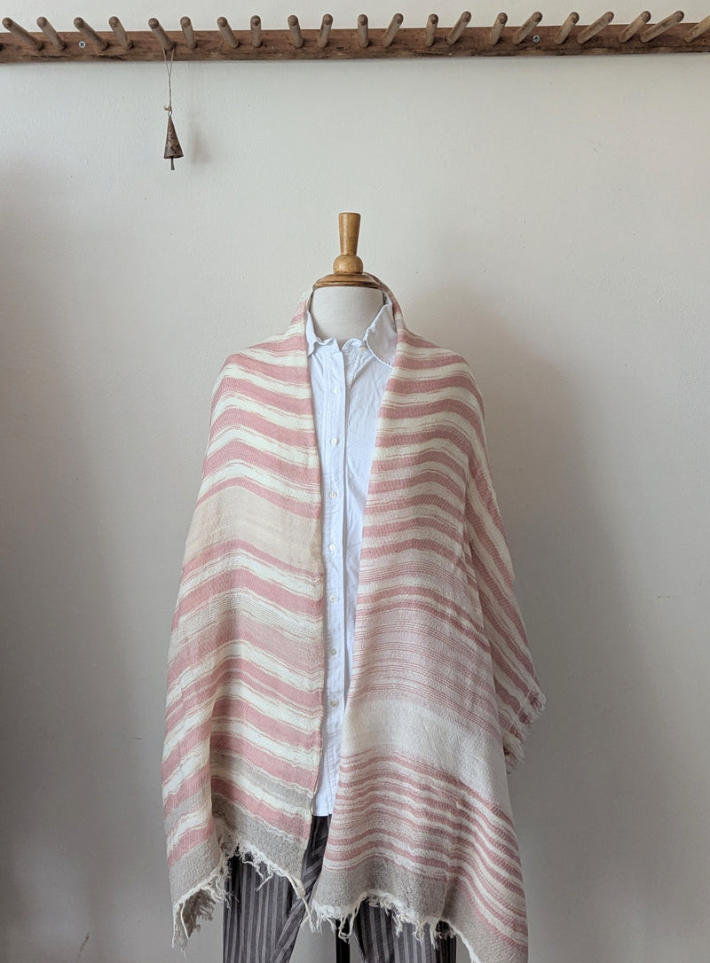 Japanese Extra Soft Woven Wool Cotton Scarf - Medium - Seashell Pink and Ivory