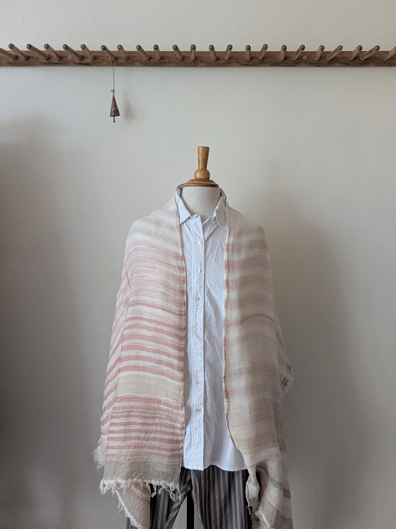 Japanese Extra Soft Woven Wool Cotton Scarf - Medium - Seashell Pink and Ivory