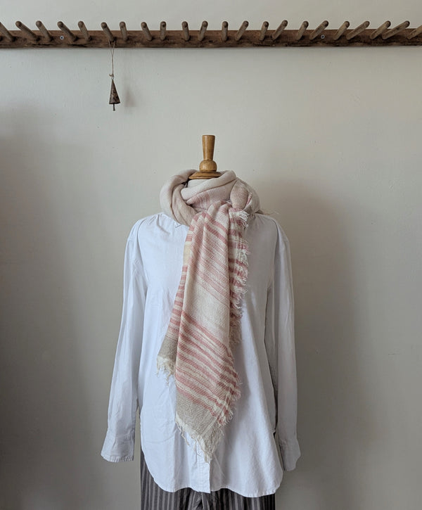 Japanese Extra Soft Woven Wool Cotton Scarf - Medium - Seashell Pink and Ivory