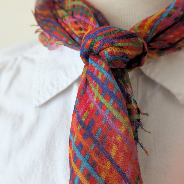 Cashmere Whisper Hatch Neckerchief -Red Rainbow Criss Cross