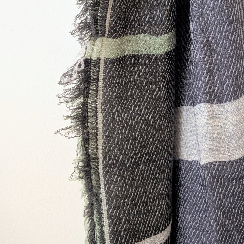 Close-up of a textured fabric with fringes and color bands on a white background