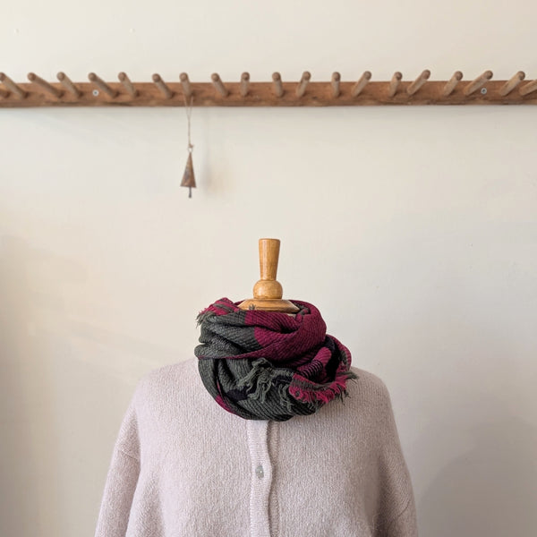 Japanese Extra Soft Woven Wool Cotton Scarf - Medium - Khaki, Magenta, with Black Stripes