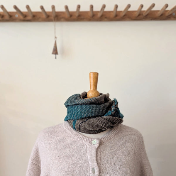 Japanese Extra Soft Woven Wool Cotton Scarf - Small - Teal, Khaki, and Navy Blue