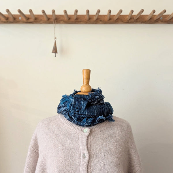 Japanese Extra Soft Woven Wool Cotton Scarf - Medium - Deep Blue, Light Blue, White, and Black Stripes