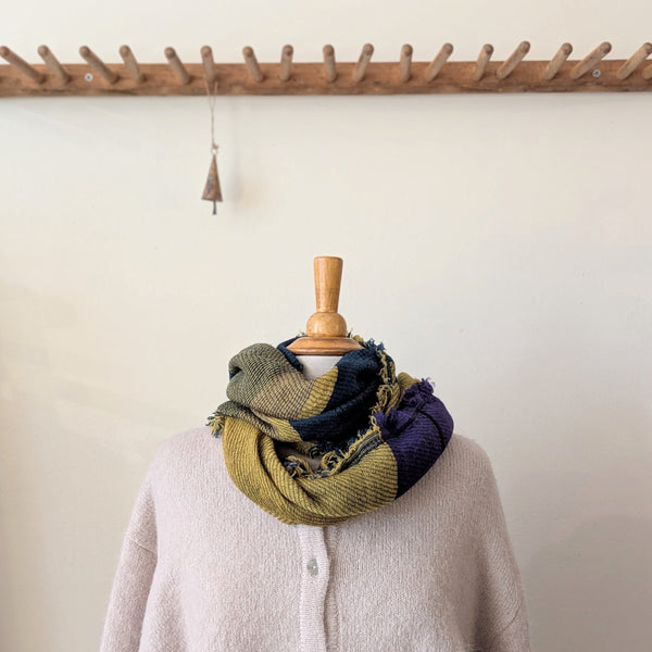 Japanese Extra Soft Woven Wool Cotton Scarf - Medium - Chartreuse, Dark Purple, and Dark Teal