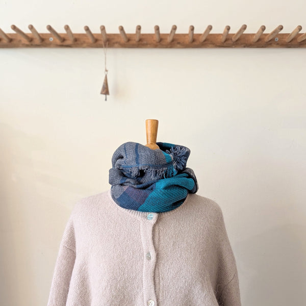 Japanese Extra Soft Woven Wool Cotton Scarf - Small - Teal, Powder Blue, and Stone