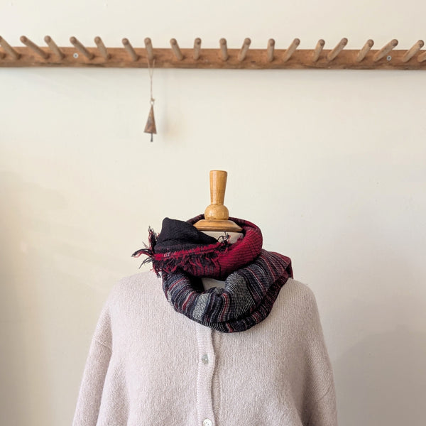 Japanese Extra Soft Woven Wool Cotton Scarf - Medium - Brick Red, Grey, and Black Stripes