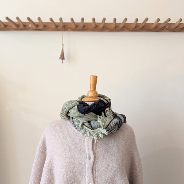 Japanese Extra Soft Woven Wool Cotton Scarf - Medium - Mint Green, Deep Grey, and Stone