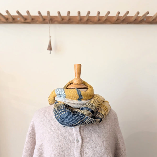 Japanese Extra Soft Woven Wool Cotton Scarf - Medium - Sunflower Yellow, Forest Green, and Dark Teal