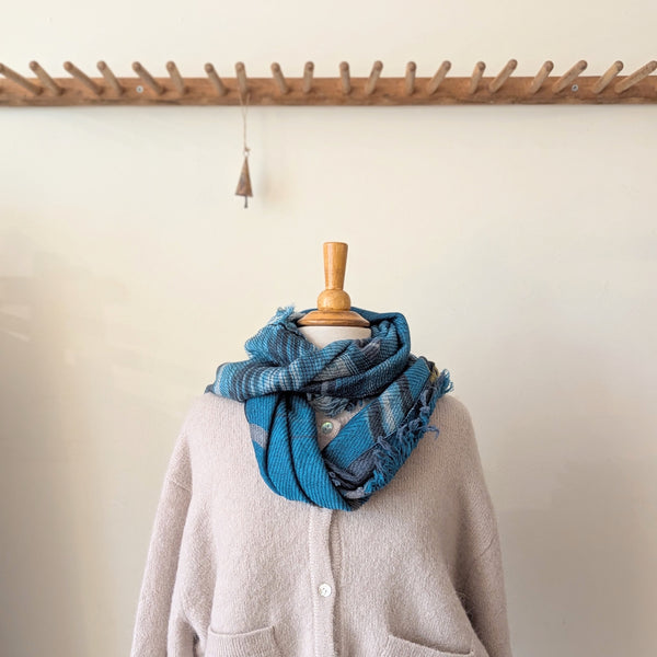 Japanese Extra Soft Woven Wool Cotton Scarf - Medium - Teal, Sky Blue, Stone and Chartreuse