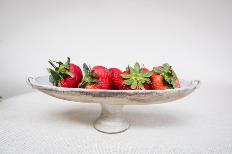Oval Pedestal Dish with Tiny Handles - White Wash over Brown Clay
