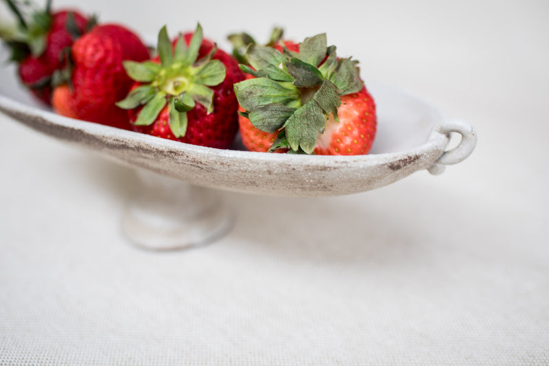 Oval Pedestal Dish with Tiny Handles - White Wash over Brown Clay